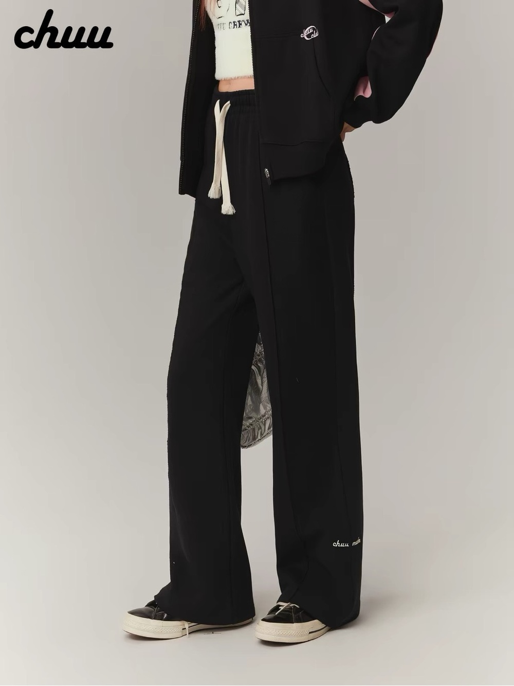 Chuu Black Wide-Leg Drawstring Lounge Pants